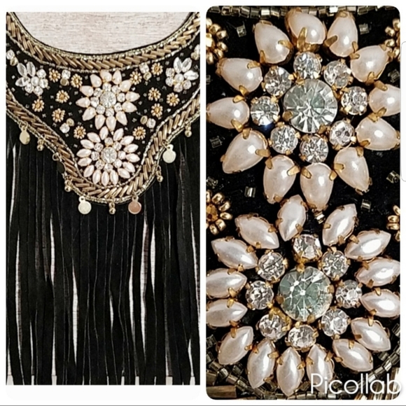 Black Suede Fringe Bib Necklace - Picture 2 of 5